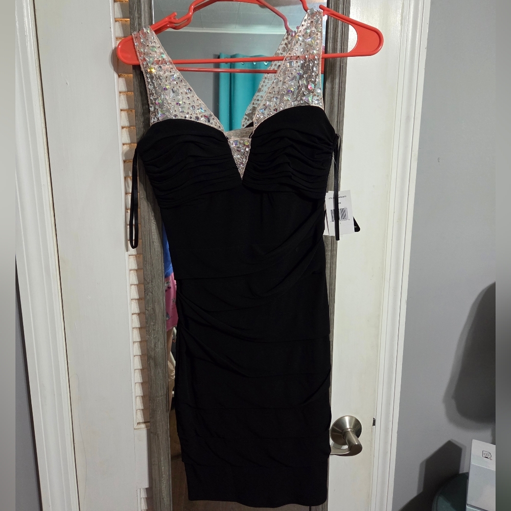 City Triangles Black Dress with Silver Sequin Straps
